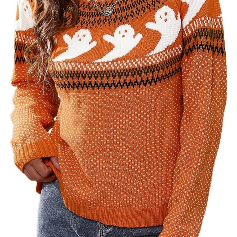 Doublju Halloween Orange and White Crew Neck Sweater